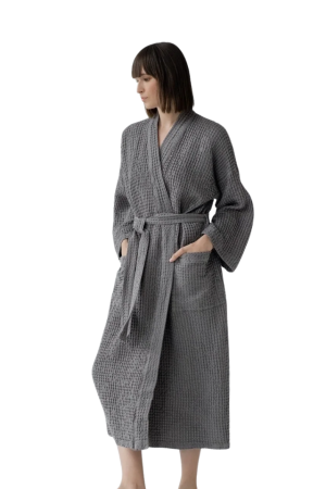 Dark Grey Linen Waffle Bathrobe