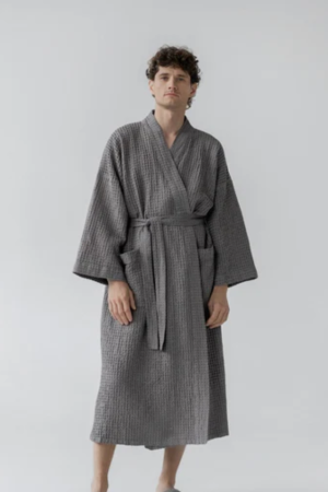 Dark Grey Linen Waffle Bathrobe